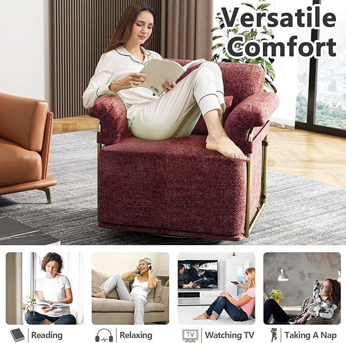 Swivel Accent Chairs 360 Swivel arm Chairs for Bedroom Club Chair with Back Gold Frame Tall Base for Office and Living Room (Red)
