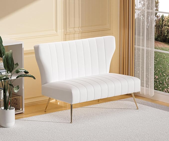 50’’ Velvet Modern Armless Loveseat for Living Room Bedroom Upholstered Small Wingback Couch Sofa with Gold Metal Legs &amp 2 Seater (White 50 Loveseat)