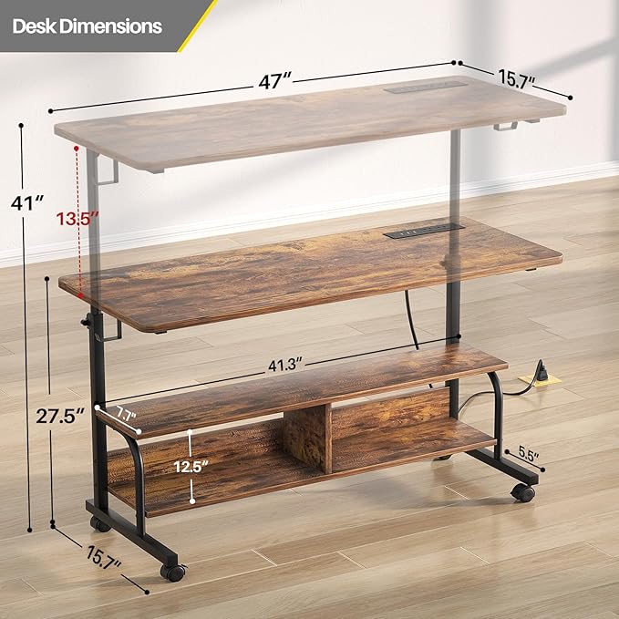 Armocity Rolling Standing Desk with Power Outlets 47 Manual Height Adjustable Mobile Computer Desk with Wheels Portable Sit Stand Laptop Couch Table for Bed &amp Sofa Home Office Rustic Brown