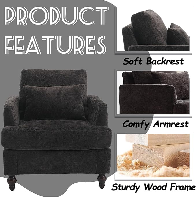 Oversized Accent Chair with Lumbar Pillow Upholstered Side Chairs for Living Room Bedroom Comfy Reading Chairs for Adults with Wide Seat Thick Cushion Soft Chenille (Black)
