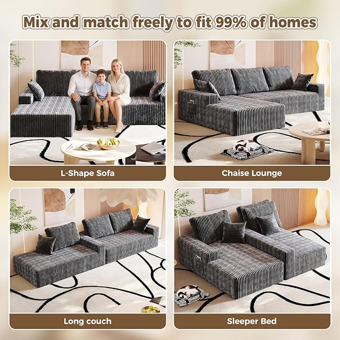 108” L Shape Sectional Boneless Couch35D Sponge Comfy 3 Seat SofaCloud Thickened FlannelModular Couches for Living RoomNo AssemblyDeep SeatOversized Chaise (Gray 108 Right Chaise)