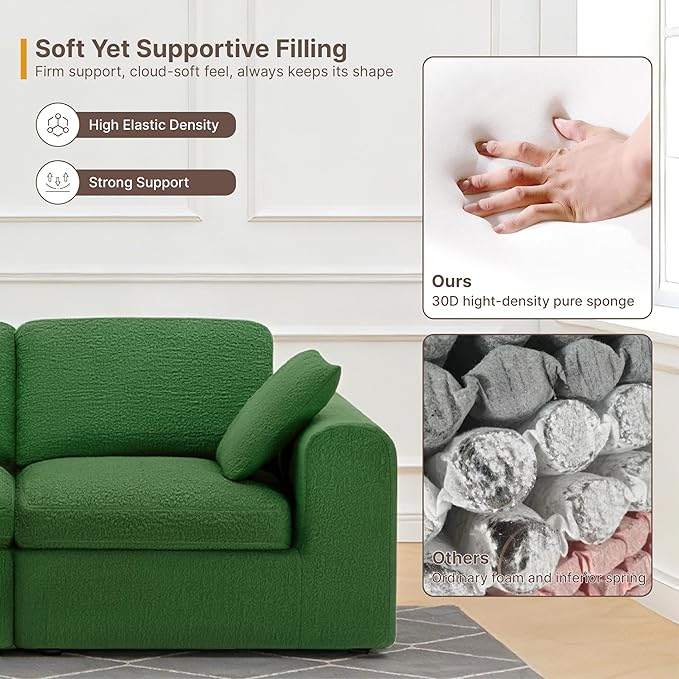 108 Boneless Cloud Couch Sectional No Assembly Required Modular Sofa with Deep Seat for Living Room L Shaped Couch with Ottoman Snowflake Fabric and Memory Sponge Moss Green