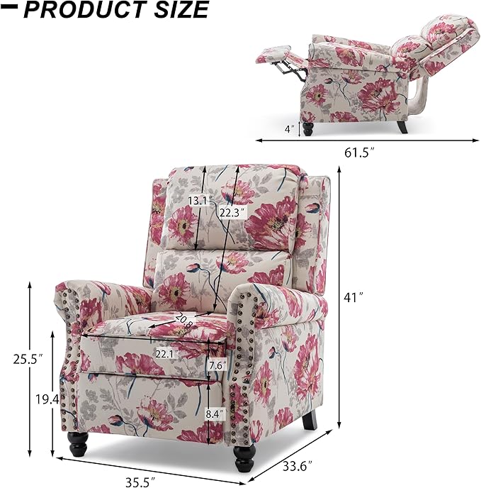 Recliner Chair Modern Pushback Armchair with Adjustable Backrest &amp Footrest for Bedroom Living Room (Pattern FloralSet of 2)