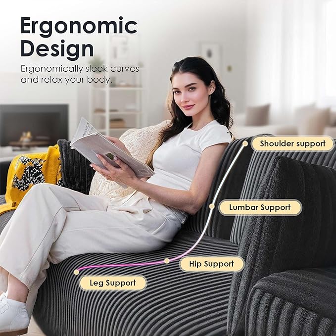 108 Boneless Couch Modular Sectional Couches for Living Room L Shaped Deep Seat Chaise with Side Pockets No Assembly Required Plush Corduroy Fabric Sleeper Sofa for Apartments Dark Grey