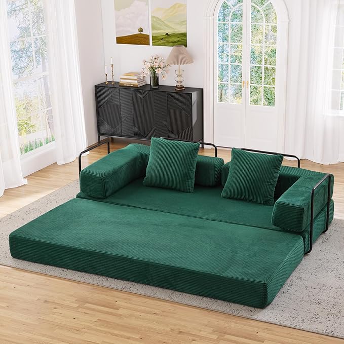 Antetek Modular Futon Sofa Bed Convertible Folding Corduroy Comfy Memory Foam Floor 3 Seater Loveseat Sleeper Sofa Couch Bed Chaise Lounge with 2 Pillows for Guest Room Living Room Office Green
