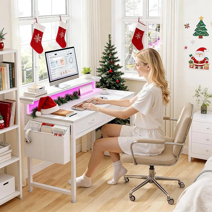 Computer Desk with 2 Drawers &amp LED Lights31.5 Inch Home Office Desks with Side Pocket and Monitor StandStudy Writing Table for Small SpacesWhite