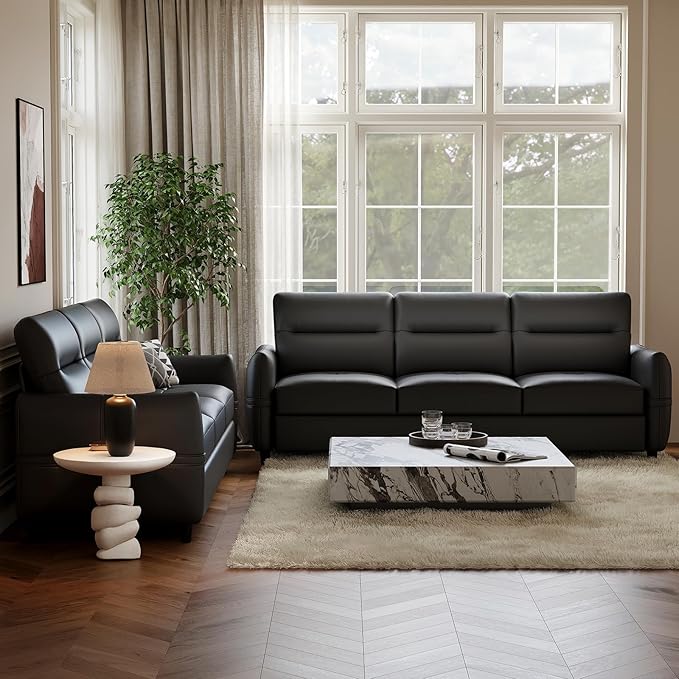 STHOUYN 85” Black Faux Leather Couch with USB 3 Seater Sofa for Living Room Large Mid Century Modern Office Couch for Apartment Bedroom