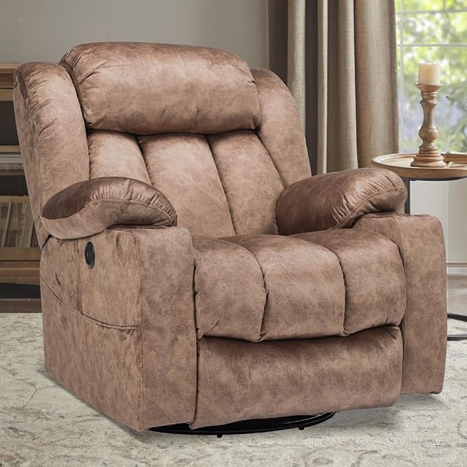 Swivel Rocker Recliner Chair with Heat and Massage Manual Glider Rocking Reclining Chair 360° Swivel Overstuffed Lounge Chair with 2 Cup Holders Side Pockets &amp USB Ports Fabric Brown