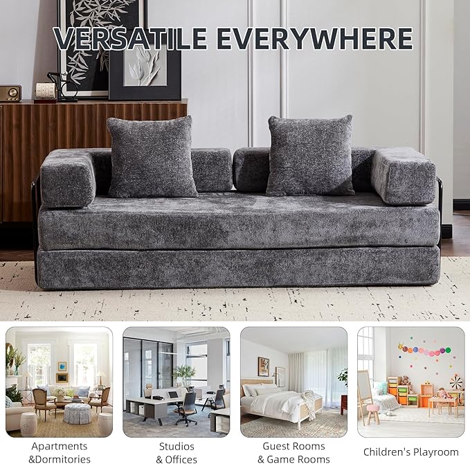 Folding Sofa Bed Convertible Sleeper Sofa Chenille Floor Couch with Pillows Fold Out Couch King Size Bed Futon Foldable Memory Foam Mattress for Living Room Bedroom Playroom (Dark Grey)