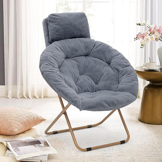 Round Comfy Saucer Chair with Headrest Large Cozy Metal Frame Cozy Lounge Lazy Chair Folding Faux Fur Saucer Chair for Adults Foldable Papasan Moon Chair