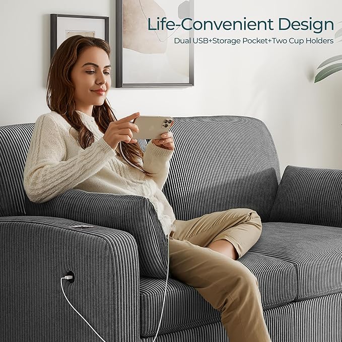 LINSY HOME Pull Out Sofa Bed - Convertible Loveseat Sleeper Sofa Upgraded Bed Frame Pullout Couch - USB Charging &amp Cup Holders Corduroy Sofa Bed for Living Room Small Space Queen Size (Grey)