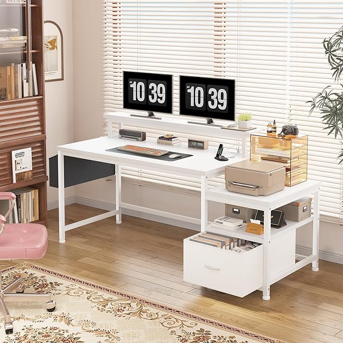 EnHomee 57 Office Desk with Drawers and Printer SpaceComputer Desk with Power OutletsHome Office Desks with File Drawers CabinetStudy Writing and Gaming Desk with Shelves Monitor StandWhite