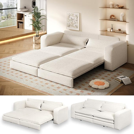 93 King Pull Out Sofa Bed 3 in 1 Convertible Sleeper Sofa Couch Comfy 3 Seater Sleeper Bed with 2 Pillows Modern Upholstered Teddy Futon Couches for Living Room Bedroom Apartment Beige