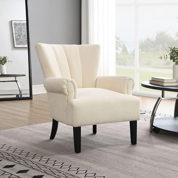 Modern Accent Living Room ChairsPolyester Armchair Club Chair with Channel Back Accent Chair for Living Room Bedroom Reading Room Soft Fabric Wooden Leg (Beige)