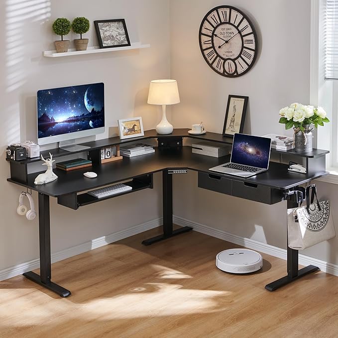 RedLemon 60 Inches L Shaped Electric Standing Desk Height Adjustable Corner Gaming Desk with Drawers Power Outlets &amp LED Lights Computer Desk with Monitor Shelf Carbon Fiber Black