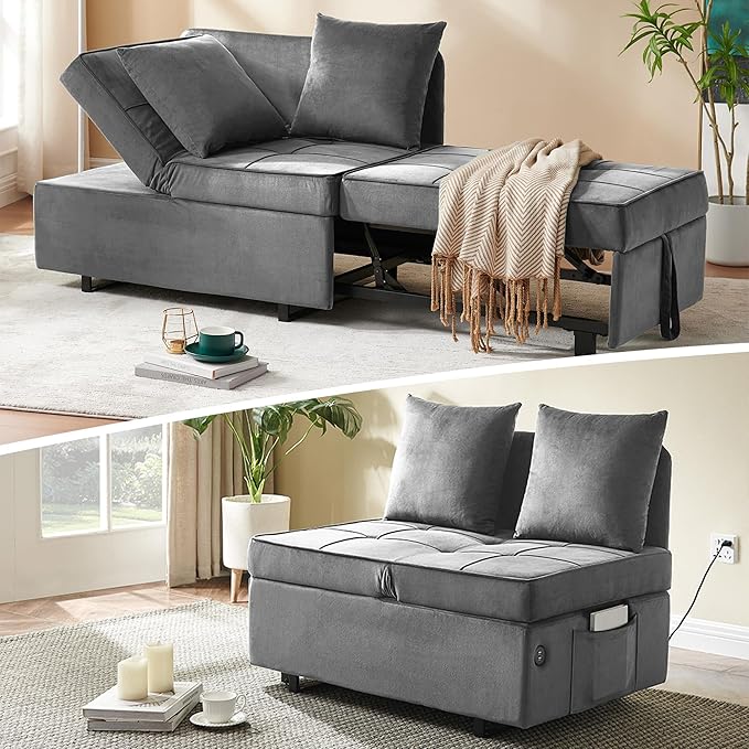 Sofa Bed 4-in-1 Convertible pull out Couch Velvet Love seat Couch Sleeper Chair Bed with 2 Throw Pillow Single Recliner with 5 Adjustable Backrests for Living Room Apartment Small Space Light Grey