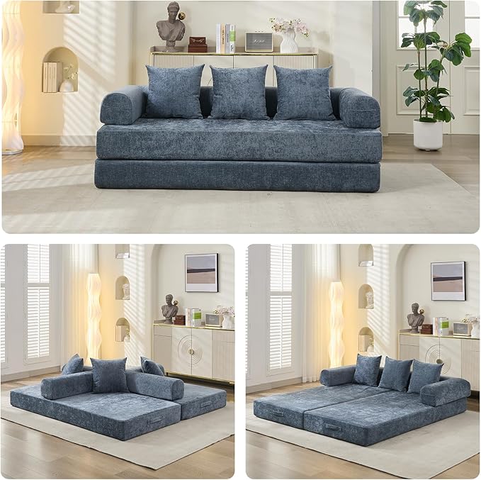 Convertible Sofa Bed 4-in-1 Floor Foldable Couch Bed with Armrests &amp Pillow Chenille Fabric No Assembly Required Comfy Memory Foam Couch Lounge Sofa for Living Room Light Blue