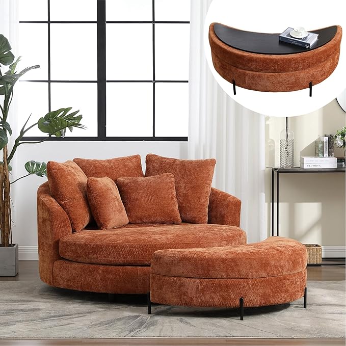Chifee &amp Vingol 59.8 W Oversized Accent Barrel Chair Large Round Chair with Ottoman &amp Movable WheelsOrange
