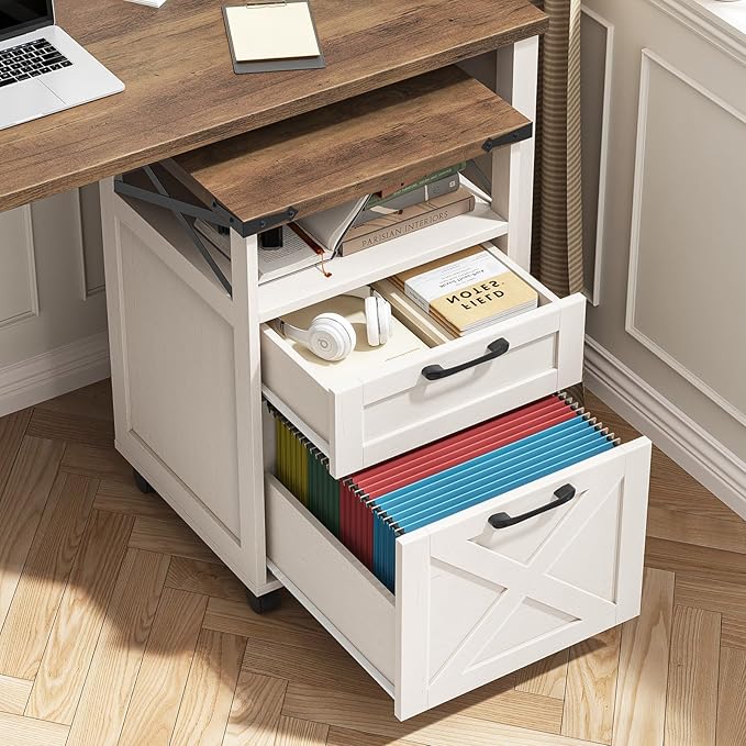 Farmhouse Filing Cabinet with Open Storage Space &amp Wheels Office Filing Vertical Cabinet with 2 Drawers Printer Stand for Hanging Files Letter/A4 Under Desk Storage Cabinets for Home Office. Wh