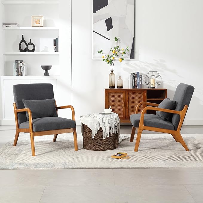 Modern Accent Chair Solid Wood Padding Lounge Armchairs with One Pillow for Living Room Bedroom Guest Room (Gray)