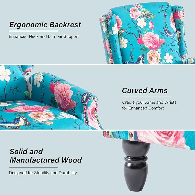 Recliner Chair Upholstered Wingback Floral Pushback Armchair with Adjustable Backrest &amp Footrest Comfy Accent Chair Reading Single Sofa for Small Spaces Living Room Bedroom (Peacock Set of 1)
