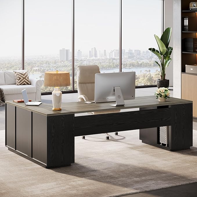 Tribesigns 85.8-Inch L-Shaped Executive Desk with File Drawers Door Cabinet &amp Shelves Extra Large Commercial Office Desk Modern Professional Office Table Business Furniture Grey &amp Black