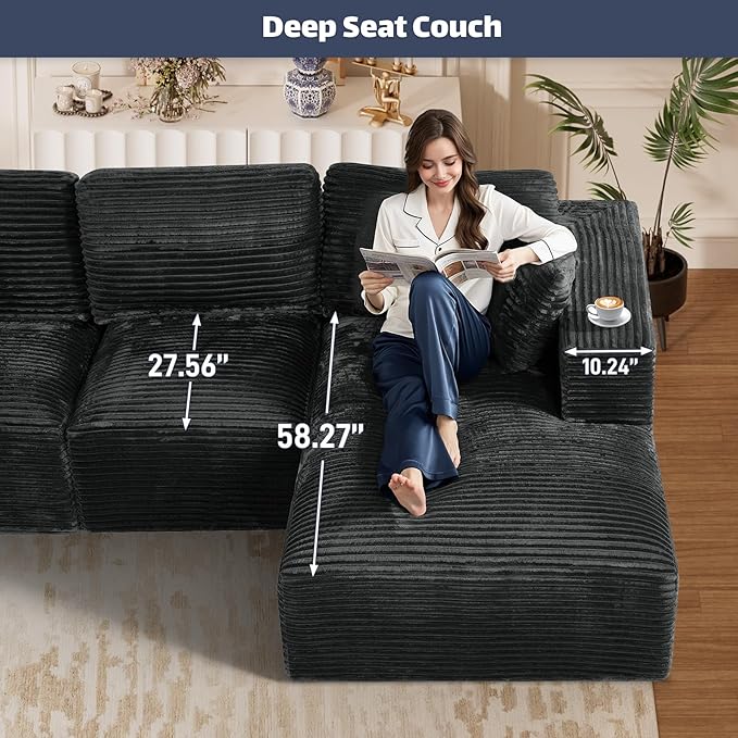 108 L-Shaped Boneless Cloud Sectional Couches Comfy Corduroy Fluffy Modular Sectional Sofa with Ottoman Deep Seat Memory Foam Plush Couch for Living Room Small Spaces Black
