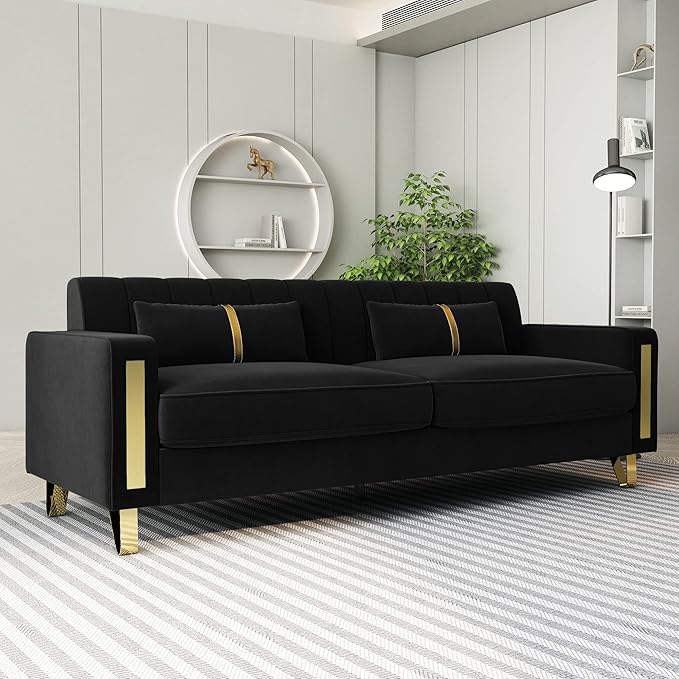 Modern Velvet Sofa Couch 86 Large Loveseat Sectional Sofa Couch with Gold Legs for 3-4 Persons Upholstered Deep Seat Love Seat Sofa Chaise for Living Room Office Apartment Black