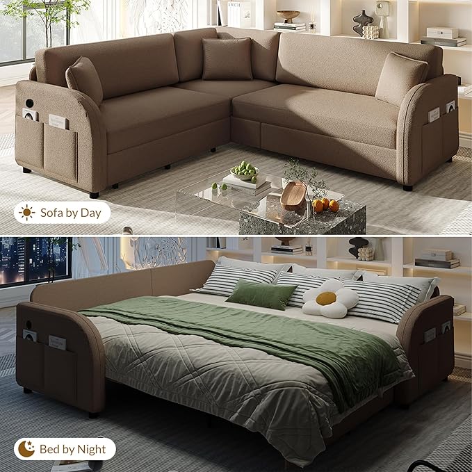 GNIXUU 85.1 L Shaped Couch with Pull Out Bed Convertible Sectional Sleeper Sofa with USB Port &amp Side Pockets 5 Seat Oversized Modular Teddy Cloud Couches for Living Room Apartment Brown