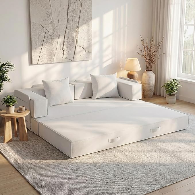 Claiks 4-in-1 Convertible Sofa Bed82 Inch Compression Sofa with Corduroy Fabric Pull Out Sleeper Sofa with 2 Pillows &amp 4 Side Pockets for Living Room Bedroom ApartmentNo Assembly RequiredBeige
