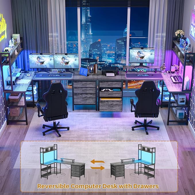 Aheaplus L Shaped Desk with Hutch Gaming Desk with Led Lights Reversible Computer Desk with Power Outlet Corner Desk with File Drawer &amp Monitor Stand Storage Shelves for Home Office Black Oak