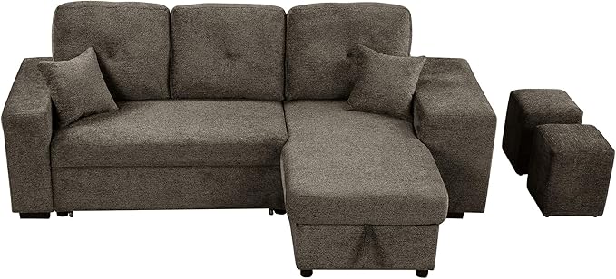 Flieks Reversible Sleeper Sectional Sofa Bed with Side Shelf and 2 StoolsPull-Out L-Shaped Sofa BedCorner Sofa-Bed with Storage Chaise Left/Right Hande for Living RoomKnox Charcoal