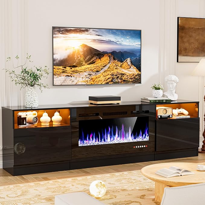 AHB Fireplace TV Stand 80 Inch LED Light Entertainment Center with 36 Electric Fireplace and Storage Cabinet Media Console Table for TVs Up to 90 Inches Ideal for Living Room