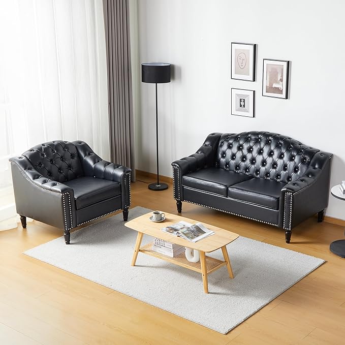 LEVNARY Chesterfield Loveseat Leather Upholstered Sofa with Button-Tufted Back Mid-Century Modern Sofa with Solid Wood Legs 2 Seater Couches for Living Room (Black)