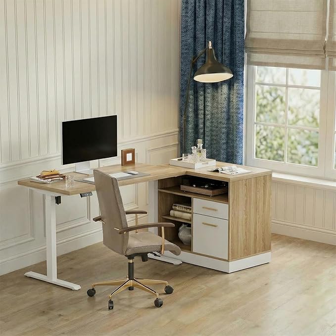 Electric Standing Desk with 2-Drawer File Cabinet Adjustable Height Executive Desk Home Office Workstation with A Engineered Wood 1.18 Solid Desktop Built-in Outlets White Walnut