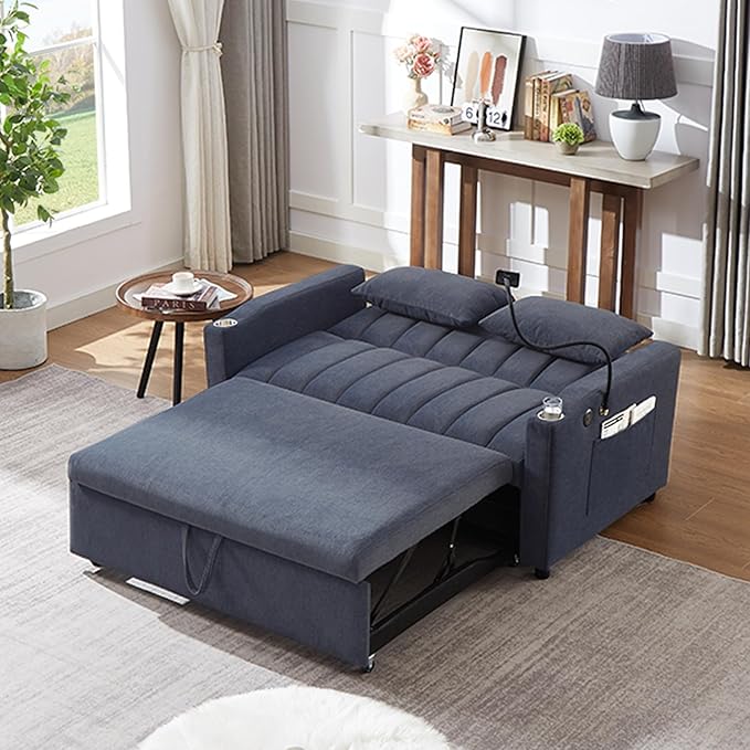 Bellemave 55.9 Convertible Sofa Bed Loveseat 3-Position Recliner to Sleeper with USB Ports Cup Holders 360°Swivel Phone Holder &amp Side Pockets for Small Space Blue Grey