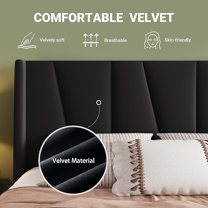 Allewie Queen Size Platform Velvet Bed Frame with Geometric Wingback Headboard Boho Upholstered Bed with Wooden Slats Support No Box Spring Needed Easy Assembly Black