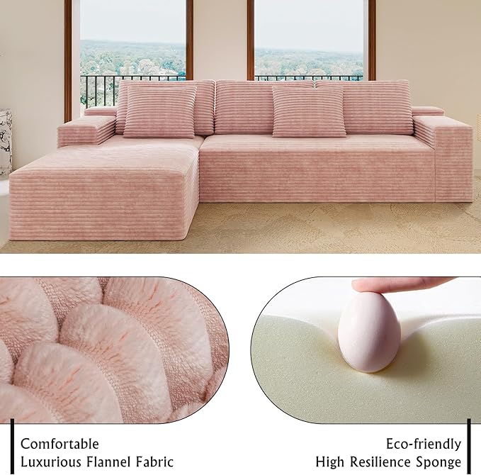104'' Corduroy Boneless Couch for Living Room Modular Cloud Sectional Couches with Deep Seat Comfy Fluffy Sofas with L-Shaped ChaiseNo Assembly Required2PC Free Combination (Pink)