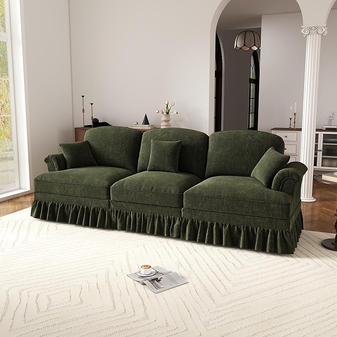 107.1 3-Seater Modular Sectional Sofa Cloud Couch with Deep Seat Removable Pleated Skirt Chenille Sofa for Living Room Office (Green)
