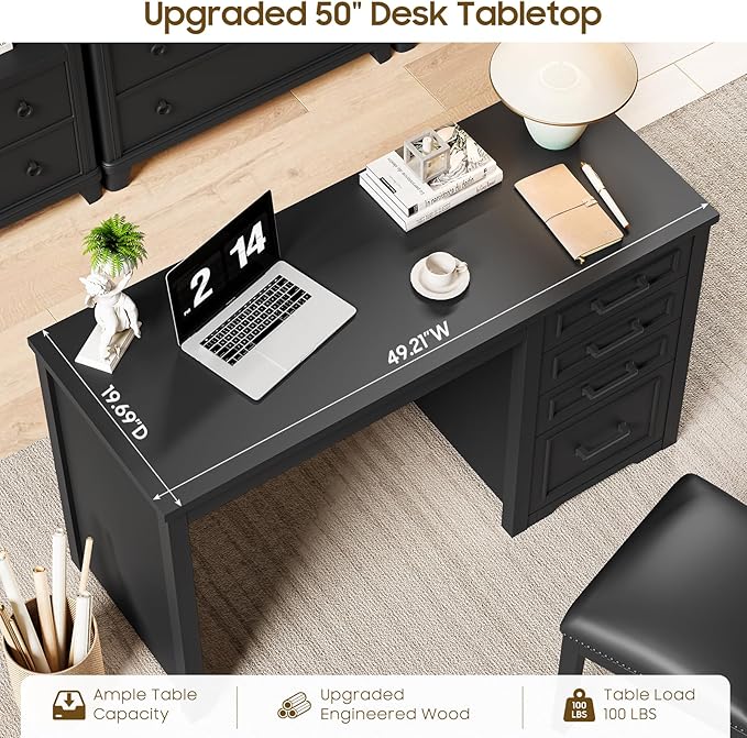 Vabches Farmhouse 49” Executive Desk with File Drawer 4 Drawers Reversible Computer Desk with Storage Rustic Home Writing Workstation for Home Office.Black