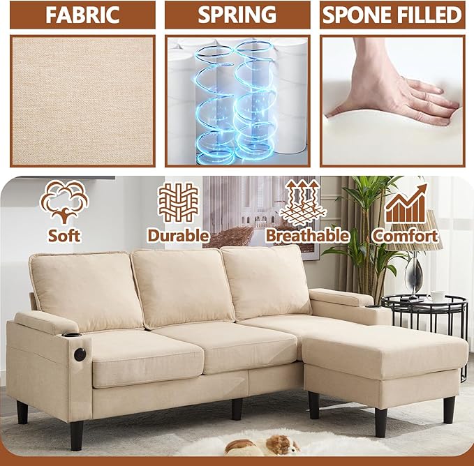 78 3 Seater Couch with Storage Ottoman/Cup Holders/USB Gray Small Sectional Couches for Living Room Cloud l Shaped Sofa for Small Spaces Apartment (Beige)