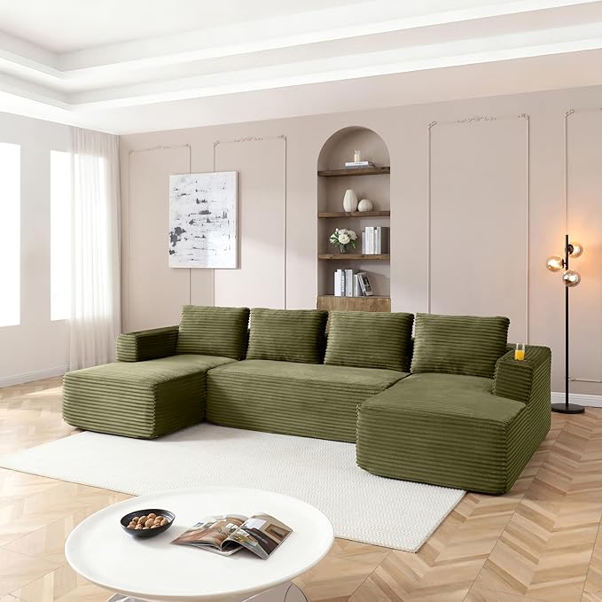 132-Inch U-Shaped Cloud Sectional Couch Symmetrical Modular Compressed Boneless Sectional Sofa with Chaise Lounges Plush Corduroy Boneless Corner Sofa W/Cupholders