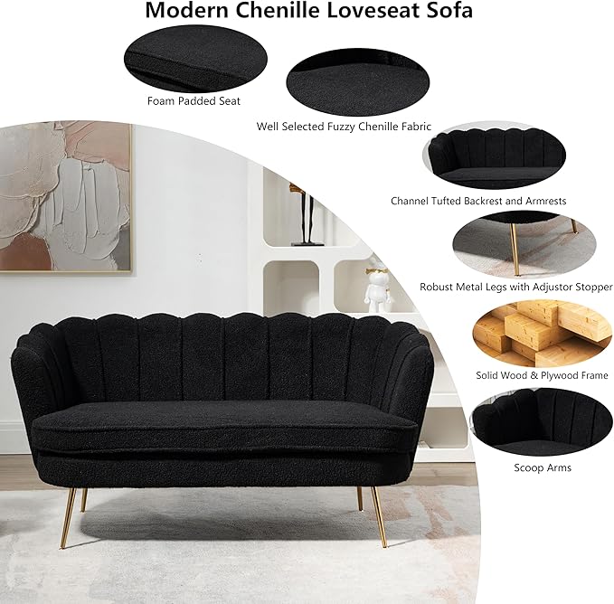 Boucle Small Sofa Couch for Small Spaces Living Room Bedroom59 Loveseat Couches with Gold Metal LegsChannel Tufted 2 Seater Sofas with Curved Back and Arms for ApartmentRV.