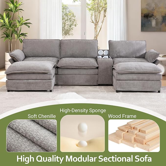 124 Cloud Couch Sectional Modular U Shaped Couch with Movable Ottomans Modern Deep Seat Sofas for Living Room Comfy Chenille Sectionals with Central Console &amp Bluetooth Speakers (Grey)