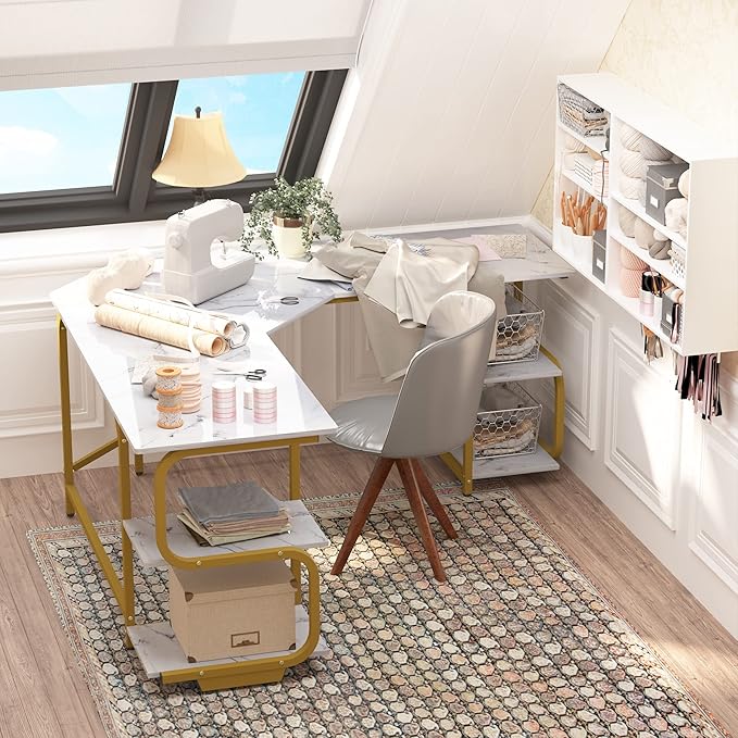 Teraves Modern L Shaped Desk with Shelves64.84 Computer Desk/Gaming Desk for Home OfficeCorner Desk with Large Desktop (White Marbling+ Gold Frame Large+4 Tier Shelves)