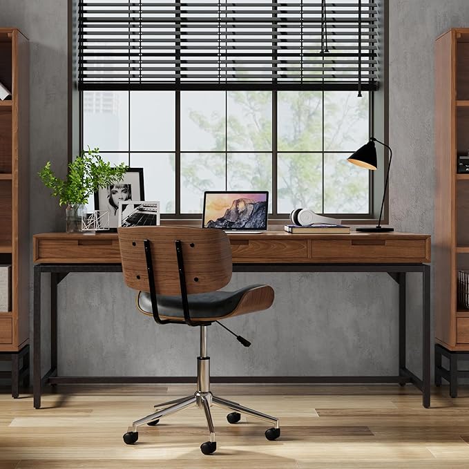 SIMPLIHOME Banting Desk - 72 Inch Wide Solid Walnut Veneer and Metal Writing Desk Modern Industrial Home Office Computer Table for Study with 2 Drawers and Flip-Down Keyboard Tray