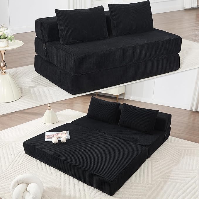 Folding Sofa Bed Full Size Modern Corduroy Floor Boneless Loveseat Couch Bed with 2 Pillows Comfy 3 in 1 Convertible Sleeper Sofa for Living Room Apartment Dorm Small Space Black