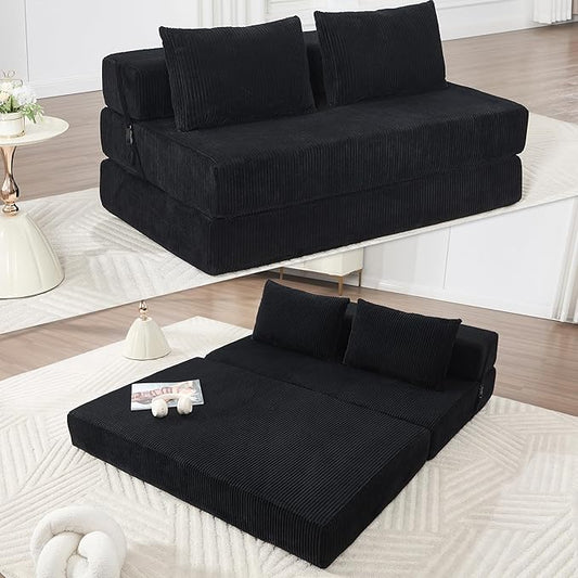Folding Sofa Bed Full Size Modern Corduroy Floor Boneless Loveseat Couch Bed with 2 Pillows Comfy 3 in 1 Convertible Sleeper Sofa for Living Room Apartment Dorm Small Space Black