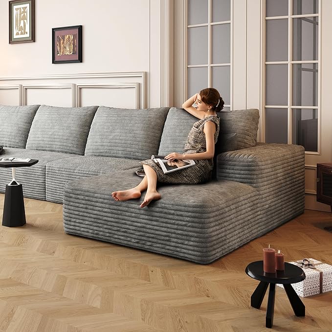 135 Corduroy Couch Sectional with Chaise L Shape Boneless Cloud Couches for Living Room Bedroom Fluffy Deep Seat Compression Sofa Modular Corner Couch No Assembly Right Facing Chaise Grey