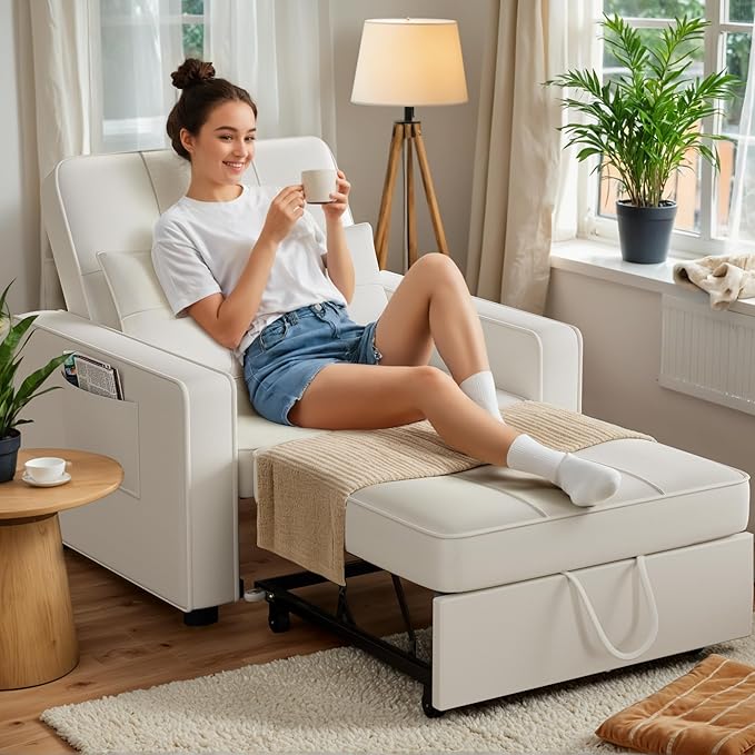 JUMMICO Sleeper Chair 3-in-1 Convertible Sleeper Sofa Bed for Adults Linen Fabric Pull Out Chair Bed with Adjustable Backrest Couches for Living Room Apartment Office Small Space (Beige)